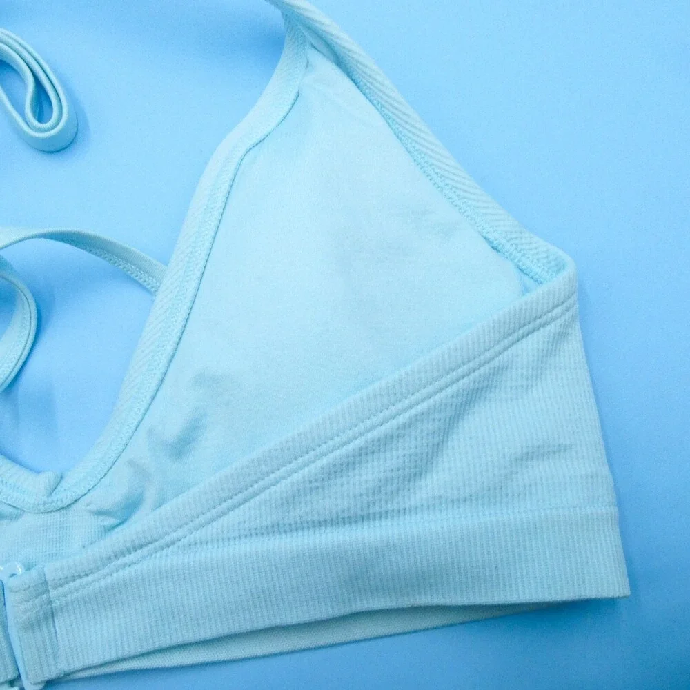 Victorias Secret XL Blue Ribbed Triangle Bikini‎ Top Padded Plunge Swimwear VS